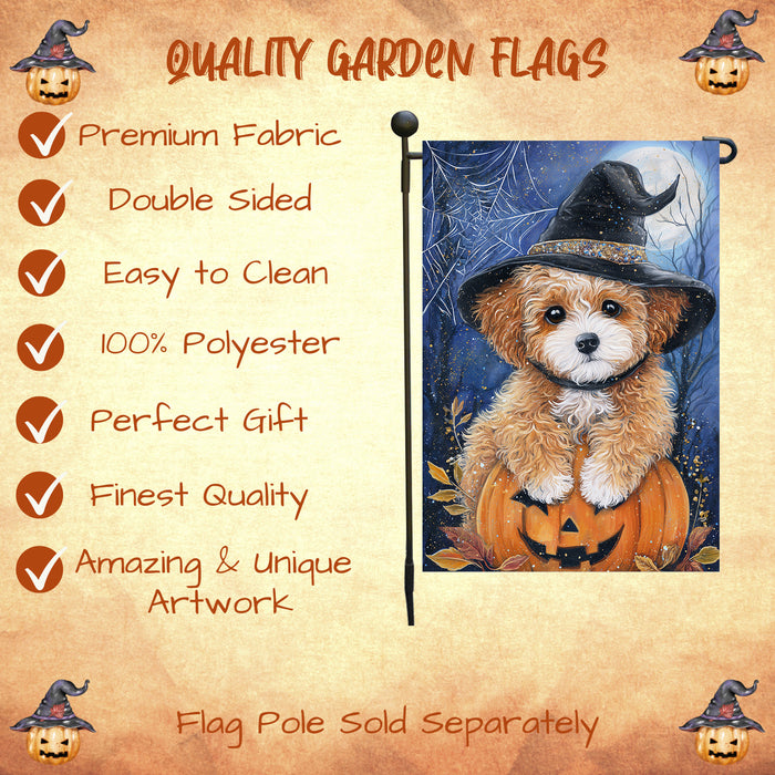 Poodle Dog Outdoor Halloween Garden Flag Witch Hat Pumpkin Fall Yard Decoration Jack O Lantern Spider Web Holiday Party Decor Single or Double Sided 12.5 x 18 Inch