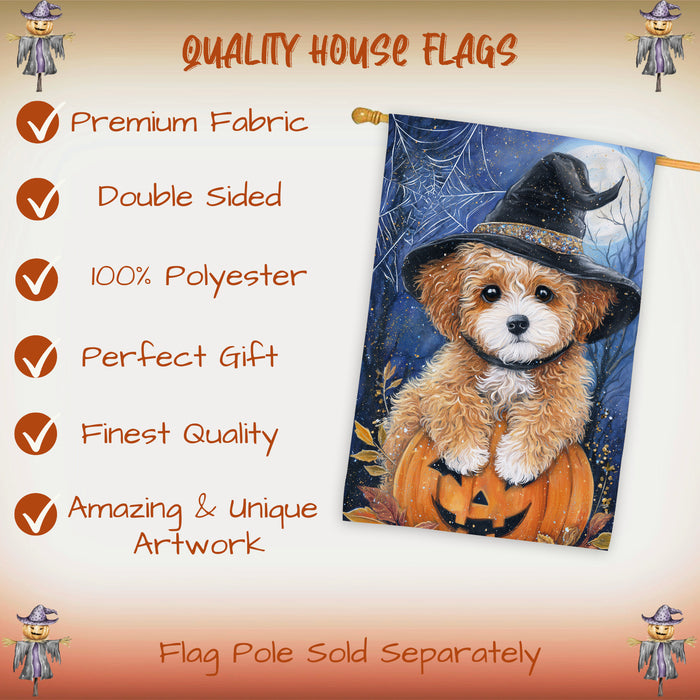 Poodle Dog Halloween House Flag Witch Hat Pumpkin Fall Outdoor Porch Decoration with Spider Web Design Double Sided 28 x 40 Inch