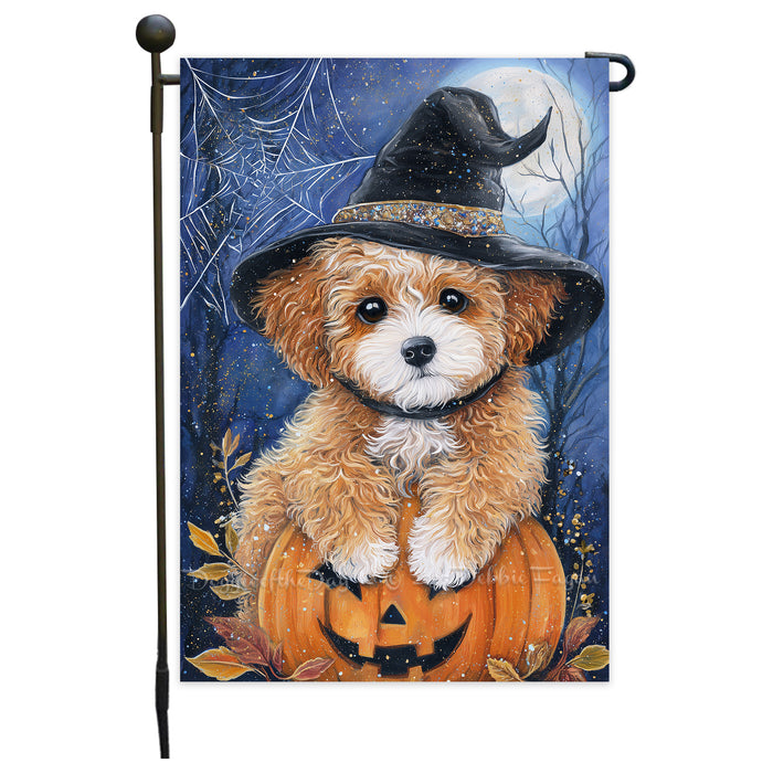 Poodle Dog Outdoor Halloween Garden Flag Witch Hat Pumpkin Fall Yard Decoration Jack O Lantern Spider Web Holiday Party Decor Single or Double Sided 12.5 x 18 Inch