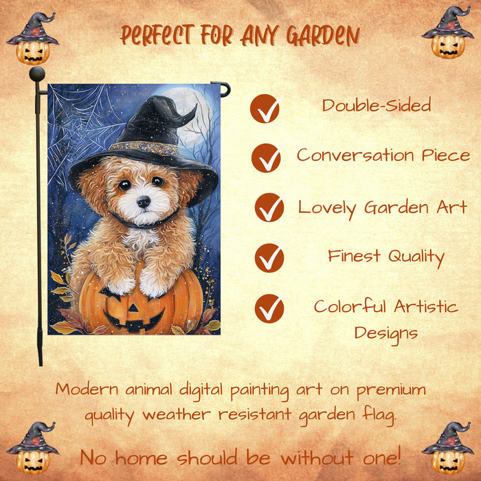 Poodle Dog Outdoor Halloween Garden Flag Witch Hat Pumpkin Fall Yard Decoration Jack O Lantern Spider Web Holiday Party Decor Single or Double Sided 12.5 x 18 Inch
