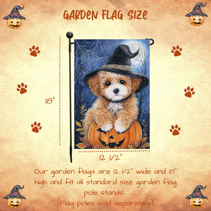 Poodle Dog Outdoor Halloween Garden Flag Witch Hat Pumpkin Fall Yard Decoration Jack O Lantern Spider Web Holiday Party Decor Single or Double Sided 12.5 x 18 Inch