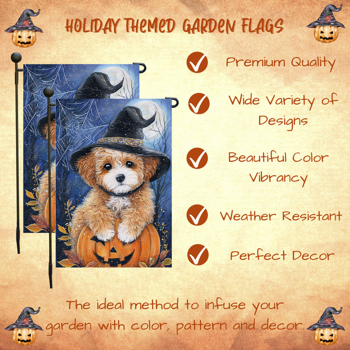 Poodle Dog Outdoor Halloween Garden Flag Witch Hat Pumpkin Fall Yard Decoration Jack O Lantern Spider Web Holiday Party Decor Single or Double Sided 12.5 x 18 Inch