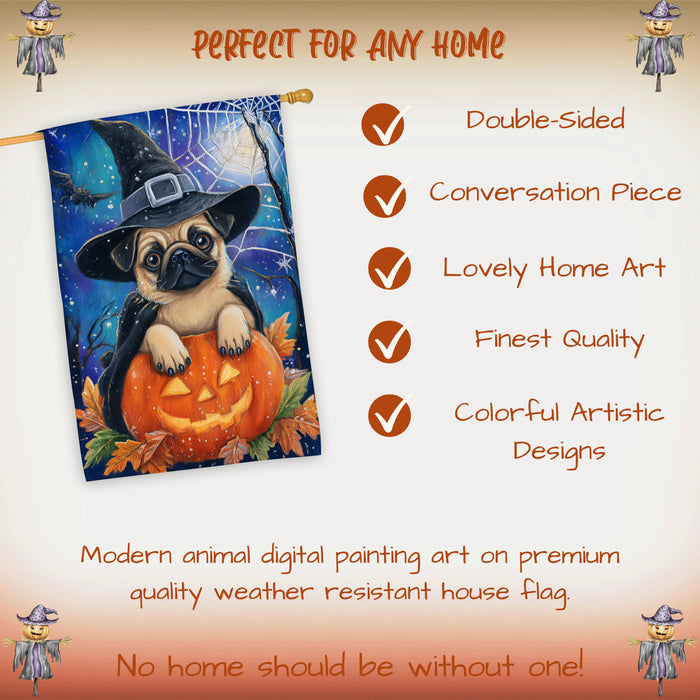 Pug Dog Halloween House Flag Witch Hat Pumpkin Fall Outdoor Porch Decoration Trick or Treat Yard Banner for Dog Lovers 28 x 40 Inch