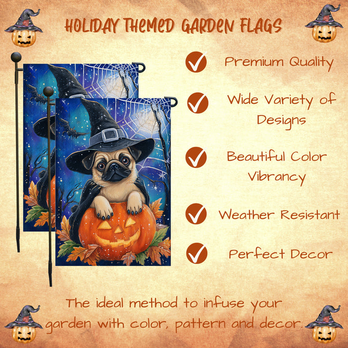 Pug Dog Halloween Garden Flag Witch Hat Pumpkin Trick or Treat Fall Outdoor Yard Decoration for Dog Lovers 12.5 x 18 Inch