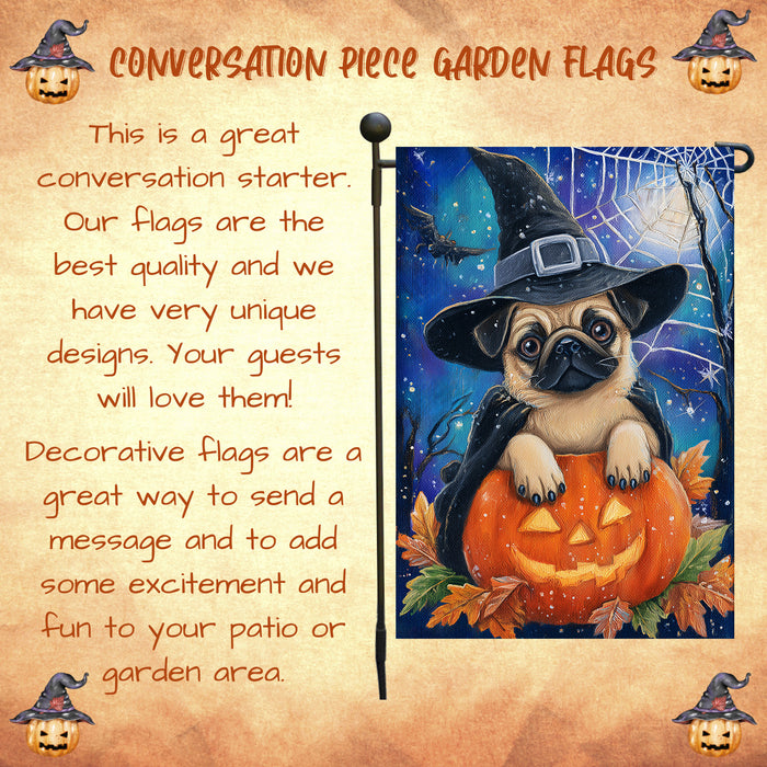Pug Dog Halloween Garden Flag Witch Hat Pumpkin Trick or Treat Fall Outdoor Yard Decoration for Dog Lovers 12.5 x 18 Inch