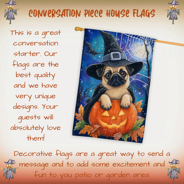 Pug Dog Halloween House Flag Witch Hat Pumpkin Fall Outdoor Porch Decoration Trick or Treat Yard Banner for Dog Lovers 28 x 40 Inch