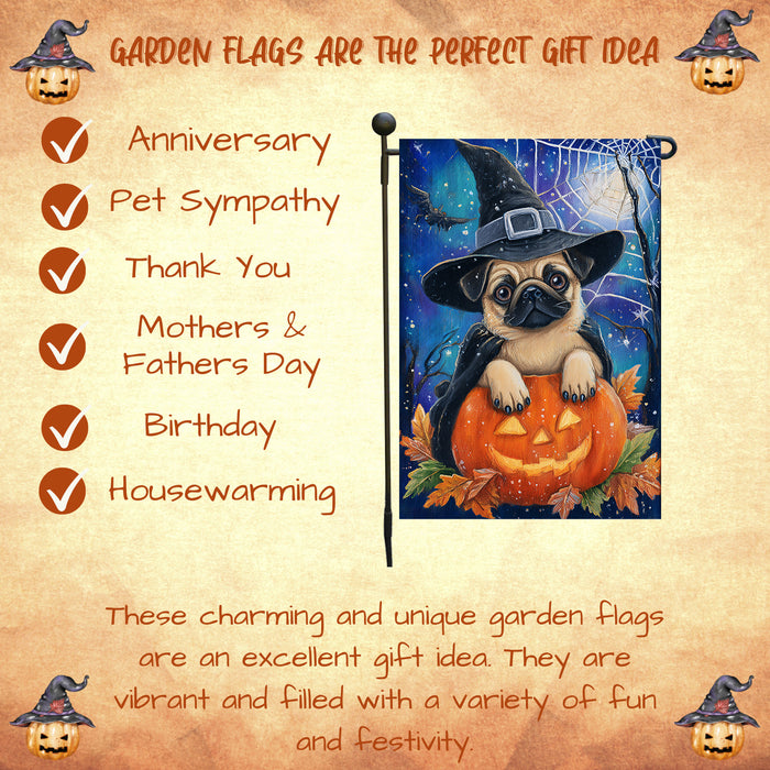 Pug Dog Halloween Garden Flag Witch Hat Pumpkin Trick or Treat Fall Outdoor Yard Decoration for Dog Lovers 12.5 x 18 Inch