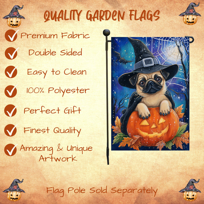 Pug Dog Halloween Garden Flag Witch Hat Pumpkin Trick or Treat Fall Outdoor Yard Decoration for Dog Lovers 12.5 x 18 Inch