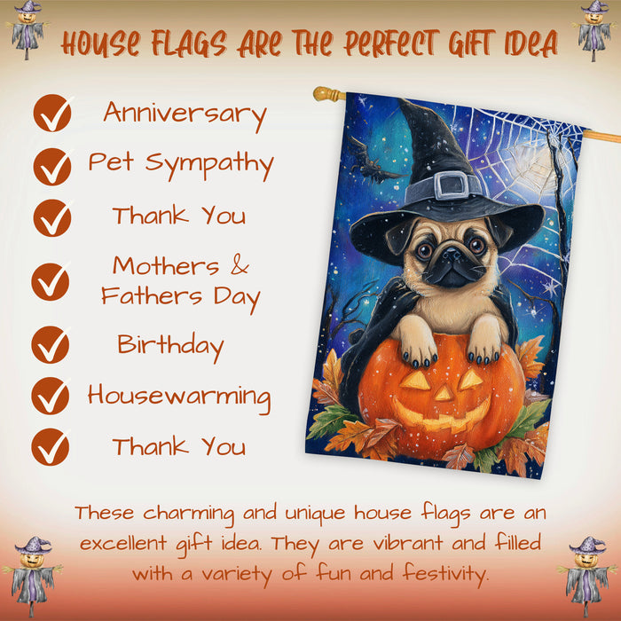Pug Dog Halloween House Flag Witch Hat Pumpkin Fall Outdoor Porch Decoration Trick or Treat Yard Banner for Dog Lovers 28 x 40 Inch