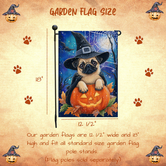 Pug Dog Halloween Garden Flag Witch Hat Pumpkin Trick or Treat Fall Outdoor Yard Decoration for Dog Lovers 12.5 x 18 Inch