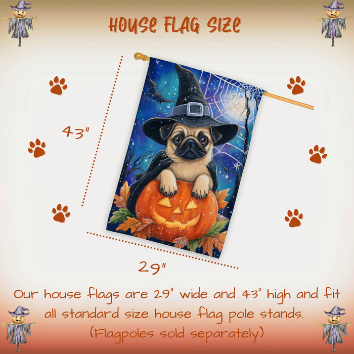 Pug Dog Halloween House Flag Witch Hat Pumpkin Fall Outdoor Porch Decoration Trick or Treat Yard Banner for Dog Lovers 28 x 40 Inch