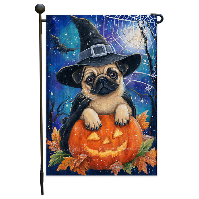 Pug Dog Halloween Garden Flag Witch Hat Pumpkin Trick or Treat Fall Outdoor Yard Decoration for Dog Lovers 12.5 x 18 Inch