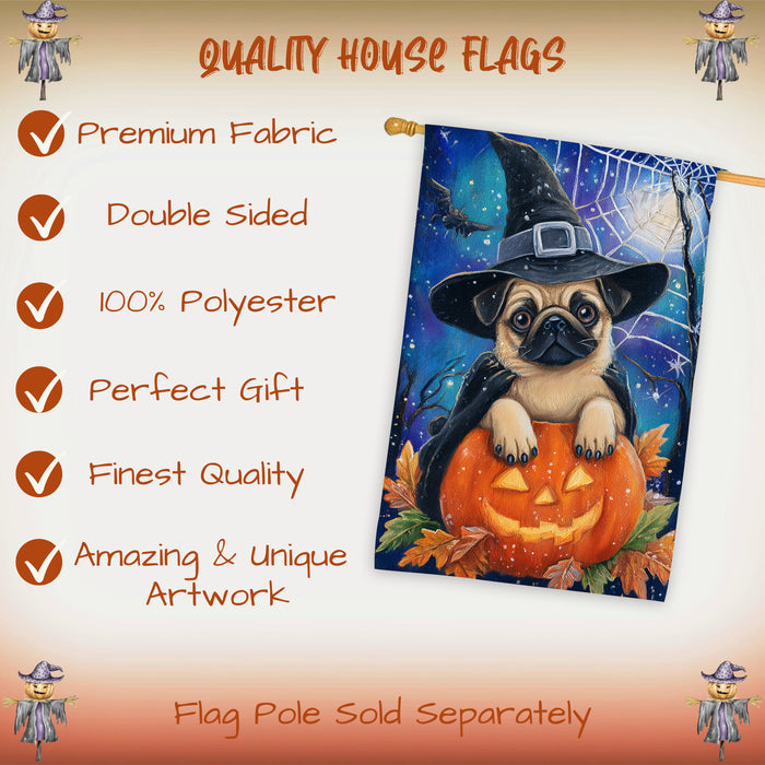 Pug Dog Halloween House Flag Witch Hat Pumpkin Fall Outdoor Porch Decoration Trick or Treat Yard Banner for Dog Lovers 28 x 40 Inch