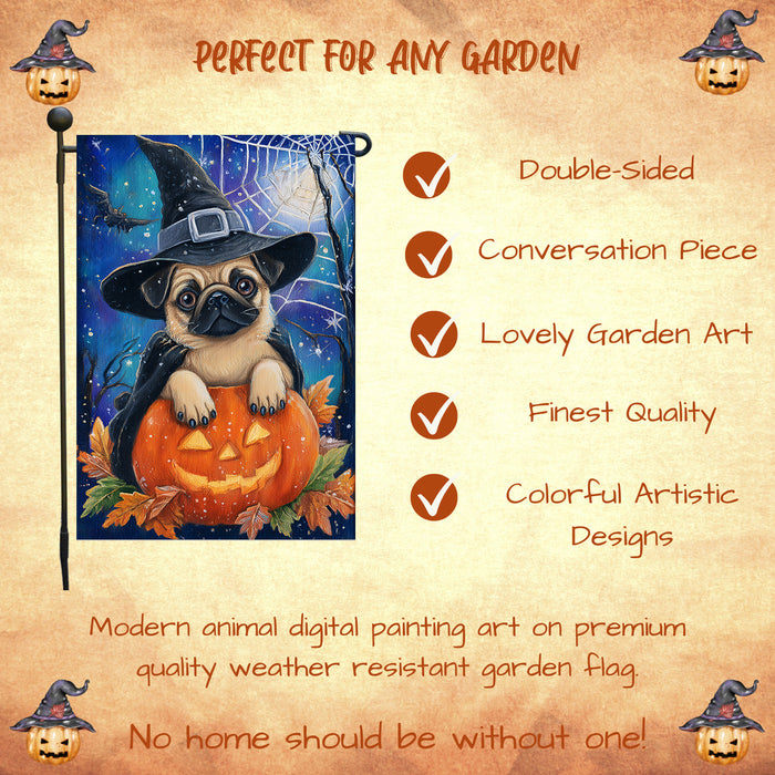 Pug Dog Halloween Garden Flag Witch Hat Pumpkin Trick or Treat Fall Outdoor Yard Decoration for Dog Lovers 12.5 x 18 Inch