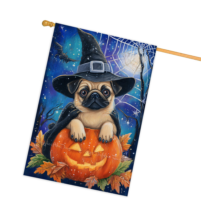 Pug Dog Halloween House Flag Witch Hat Pumpkin Fall Outdoor Porch Decoration Trick or Treat Yard Banner for Dog Lovers 28 x 40 Inch