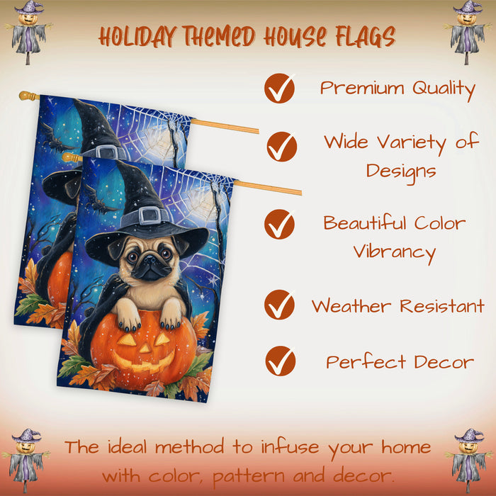 Pug Dog Halloween House Flag Witch Hat Pumpkin Fall Outdoor Porch Decoration Trick or Treat Yard Banner for Dog Lovers 28 x 40 Inch