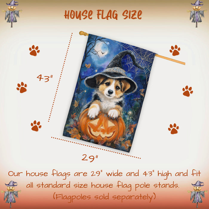 Corgi Dog Halloween House Flag Witch Hat Pumpkin Fall Outdoor Porch Decoration with Bats and Spider Web Double Sided 28 x 40 Inch
