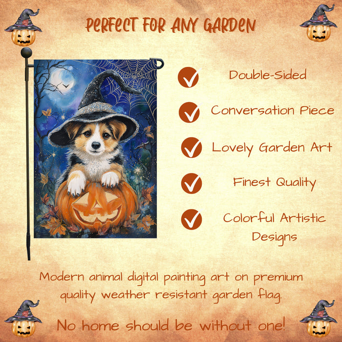 Corgi Dog Halloween Garden Flag Witch Hat Pumpkin Fall Outdoor Yard Decoration with Spider Web and Bats Single or Double Sided 12.5 x 18 Inch