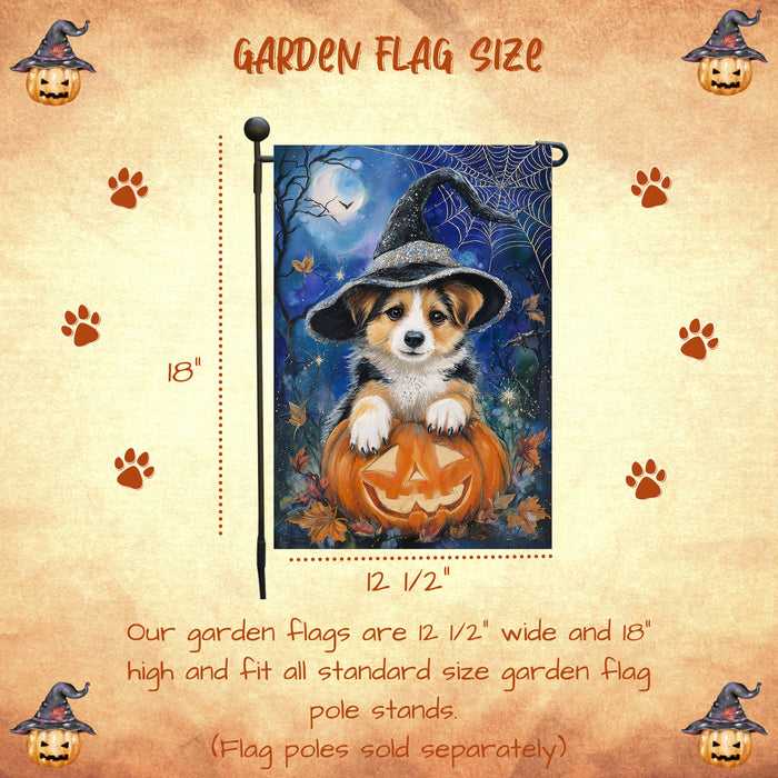Corgi Dog Halloween Garden Flag Witch Hat Pumpkin Fall Outdoor Yard Decoration with Spider Web and Bats Single or Double Sided 12.5 x 18 Inch