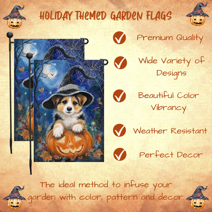 Corgi Dog Halloween Garden Flag Witch Hat Pumpkin Fall Outdoor Yard Decoration with Spider Web and Bats Single or Double Sided 12.5 x 18 Inch