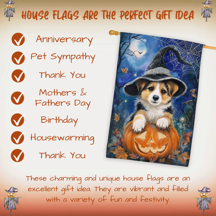 Corgi Dog Halloween House Flag Witch Hat Pumpkin Fall Outdoor Porch Decoration with Bats and Spider Web Double Sided 28 x 40 Inch