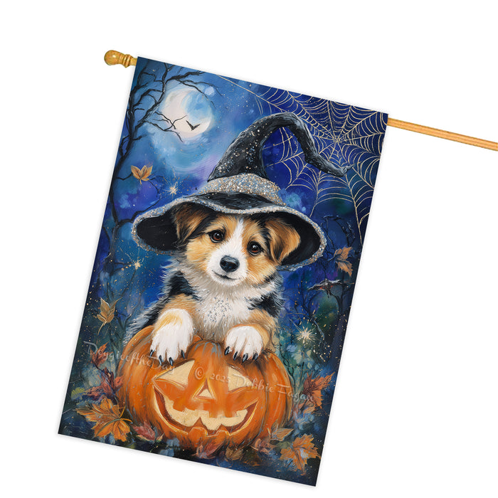 Corgi Dog Halloween House Flag Witch Hat Pumpkin Fall Outdoor Porch Decoration with Bats and Spider Web Double Sided 28 x 40 Inch