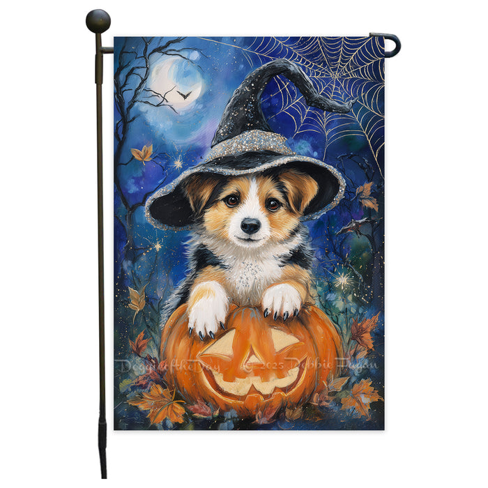 Corgi Dog Halloween Garden Flag Witch Hat Pumpkin Fall Outdoor Yard Decoration with Spider Web and Bats Single or Double Sided 12.5 x 18 Inch