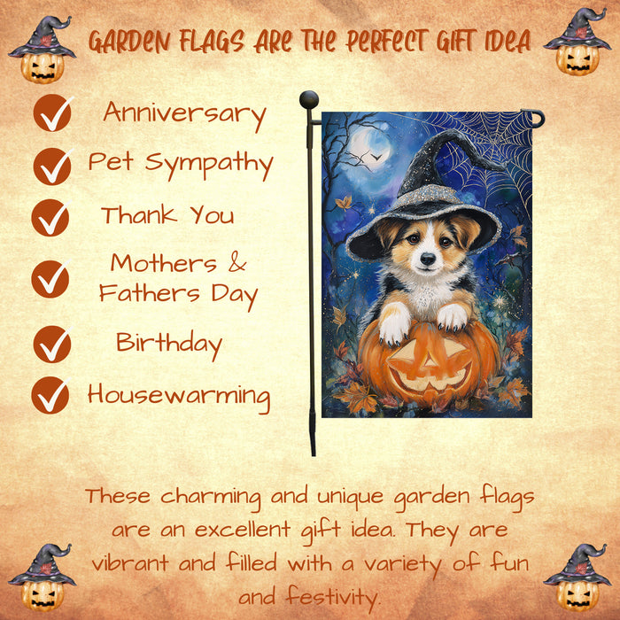 Corgi Dog Halloween Garden Flag Witch Hat Pumpkin Fall Outdoor Yard Decoration with Spider Web and Bats Single or Double Sided 12.5 x 18 Inch