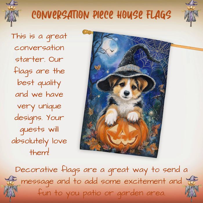 Corgi Dog Halloween House Flag Witch Hat Pumpkin Fall Outdoor Porch Decoration with Bats and Spider Web Double Sided 28 x 40 Inch