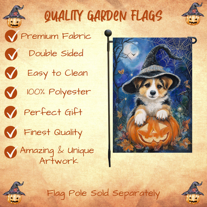 Corgi Dog Halloween Garden Flag Witch Hat Pumpkin Fall Outdoor Yard Decoration with Spider Web and Bats Single or Double Sided 12.5 x 18 Inch