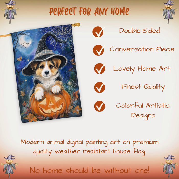 Corgi Dog Halloween House Flag Witch Hat Pumpkin Fall Outdoor Porch Decoration with Bats and Spider Web Double Sided 28 x 40 Inch