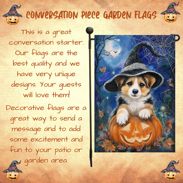 Corgi Dog Halloween Garden Flag Witch Hat Pumpkin Fall Outdoor Yard Decoration with Spider Web and Bats Single or Double Sided 12.5 x 18 Inch