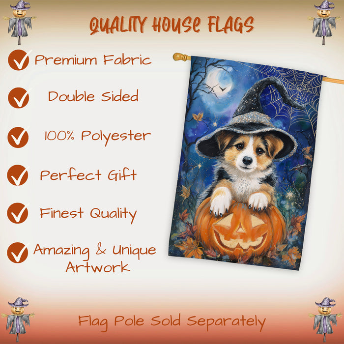 Corgi Dog Halloween House Flag Witch Hat Pumpkin Fall Outdoor Porch Decoration with Bats and Spider Web Double Sided 28 x 40 Inch