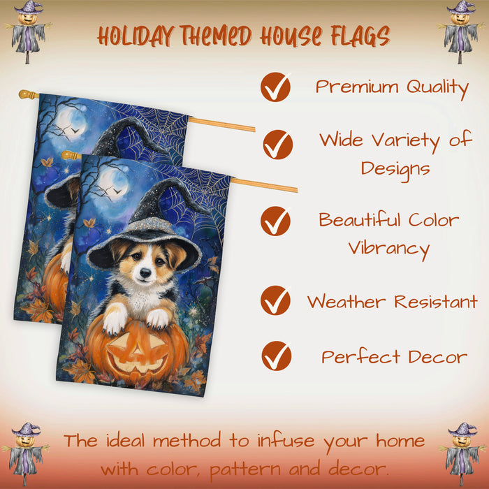 Corgi Dog Halloween House Flag Witch Hat Pumpkin Fall Outdoor Porch Decoration with Bats and Spider Web Double Sided 28 x 40 Inch