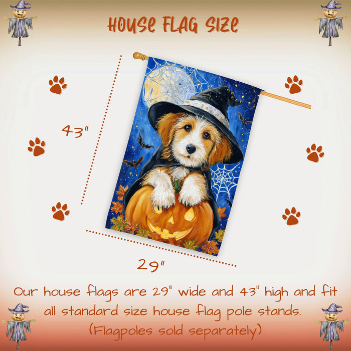 Terrier Dog Halloween House Flag 28x40 Double Sided Witch Hat Pumpkin Full Moon Spider Web Outdoor Decoration