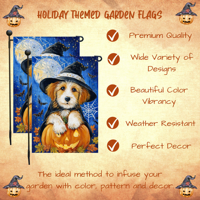 Terrier Dog Halloween Garden Flag Witch Hat Pumpkin Full Moon Spider Web Fall Outdoor Yard Decoration Single or Double Sided 12.5 x 18 Inch