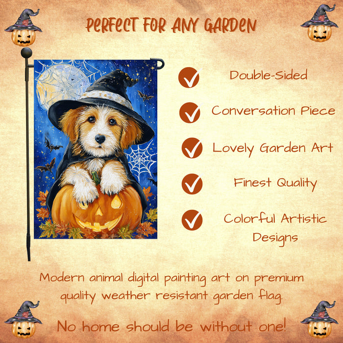 Terrier Dog Halloween Garden Flag Witch Hat Pumpkin Full Moon Spider Web Fall Outdoor Yard Decoration Single or Double Sided 12.5 x 18 Inch