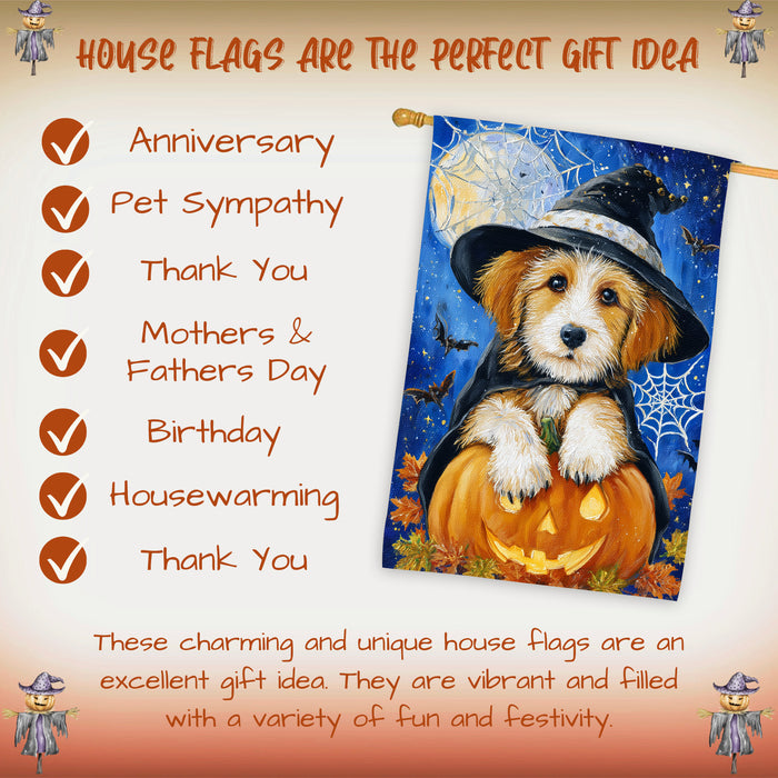 Terrier Dog Halloween House Flag 28x40 Double Sided Witch Hat Pumpkin Full Moon Spider Web Outdoor Decoration