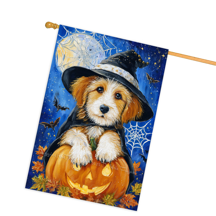 Terrier Dog Halloween House Flag 28x40 Double Sided Witch Hat Pumpkin Full Moon Spider Web Outdoor Decoration