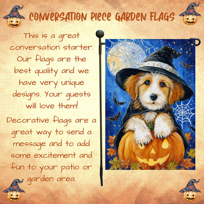 Terrier Dog Halloween Garden Flag Witch Hat Pumpkin Full Moon Spider Web Fall Outdoor Yard Decoration Single or Double Sided 12.5 x 18 Inch
