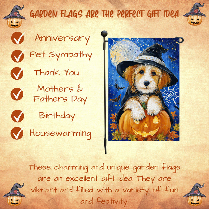 Terrier Dog Halloween Garden Flag Witch Hat Pumpkin Full Moon Spider Web Fall Outdoor Yard Decoration Single or Double Sided 12.5 x 18 Inch