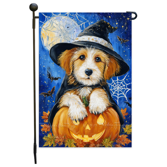 Terrier Dog Halloween Garden Flag Witch Hat Pumpkin Full Moon Spider Web Fall Outdoor Yard Decoration Single or Double Sided 12.5 x 18 Inch