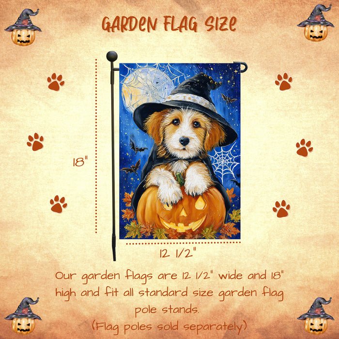Terrier Dog Halloween Garden Flag Witch Hat Pumpkin Full Moon Spider Web Fall Outdoor Yard Decoration Single or Double Sided 12.5 x 18 Inch