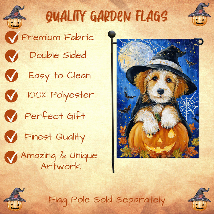 Terrier Dog Halloween Garden Flag Witch Hat Pumpkin Full Moon Spider Web Fall Outdoor Yard Decoration Single or Double Sided 12.5 x 18 Inch