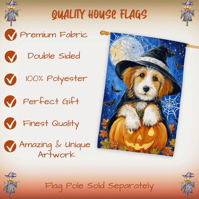 Terrier Dog Halloween House Flag 28x40 Double Sided Witch Hat Pumpkin Full Moon Spider Web Outdoor Decoration