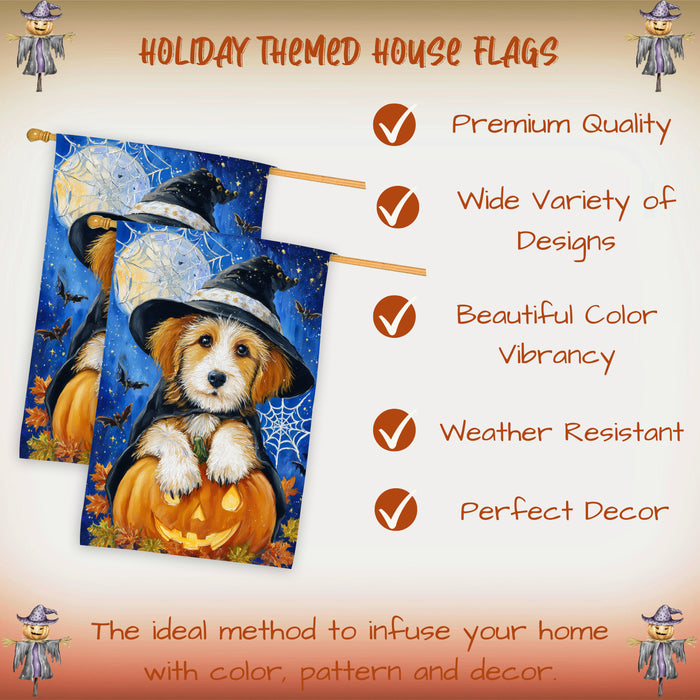 Terrier Dog Halloween House Flag 28x40 Double Sided Witch Hat Pumpkin Full Moon Spider Web Outdoor Decoration