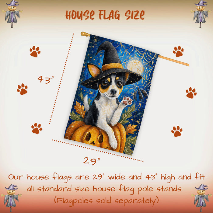 Rat Terrier Halloween House Flag Pumpkin Witch Hat Large Outdoor Banner Fall Home Porch Yard Decoration 28 x 40 Inch