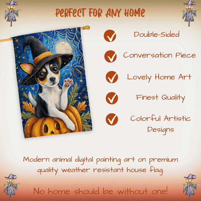 Rat Terrier Halloween House Flag Pumpkin Witch Hat Large Outdoor Banner Fall Home Porch Yard Decoration 28 x 40 Inch