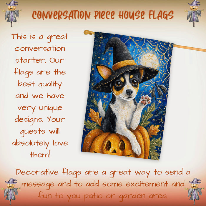 Rat Terrier Halloween House Flag Pumpkin Witch Hat Large Outdoor Banner Fall Home Porch Yard Decoration 28 x 40 Inch