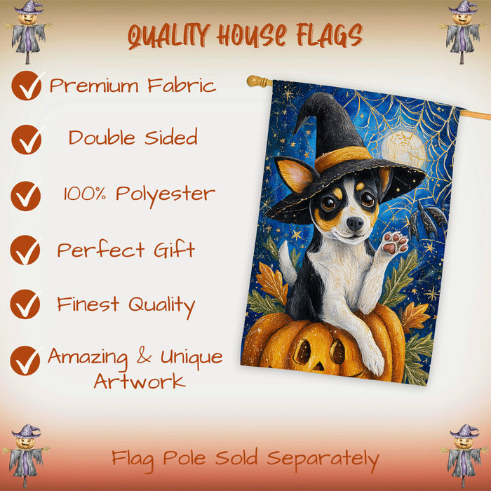 Rat Terrier Halloween House Flag Pumpkin Witch Hat Large Outdoor Banner Fall Home Porch Yard Decoration 28 x 40 Inch